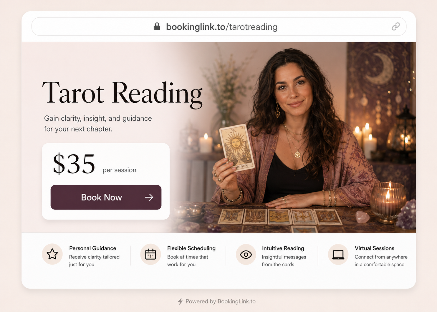 BookingLink tarot reading page preview with session price and book now button
