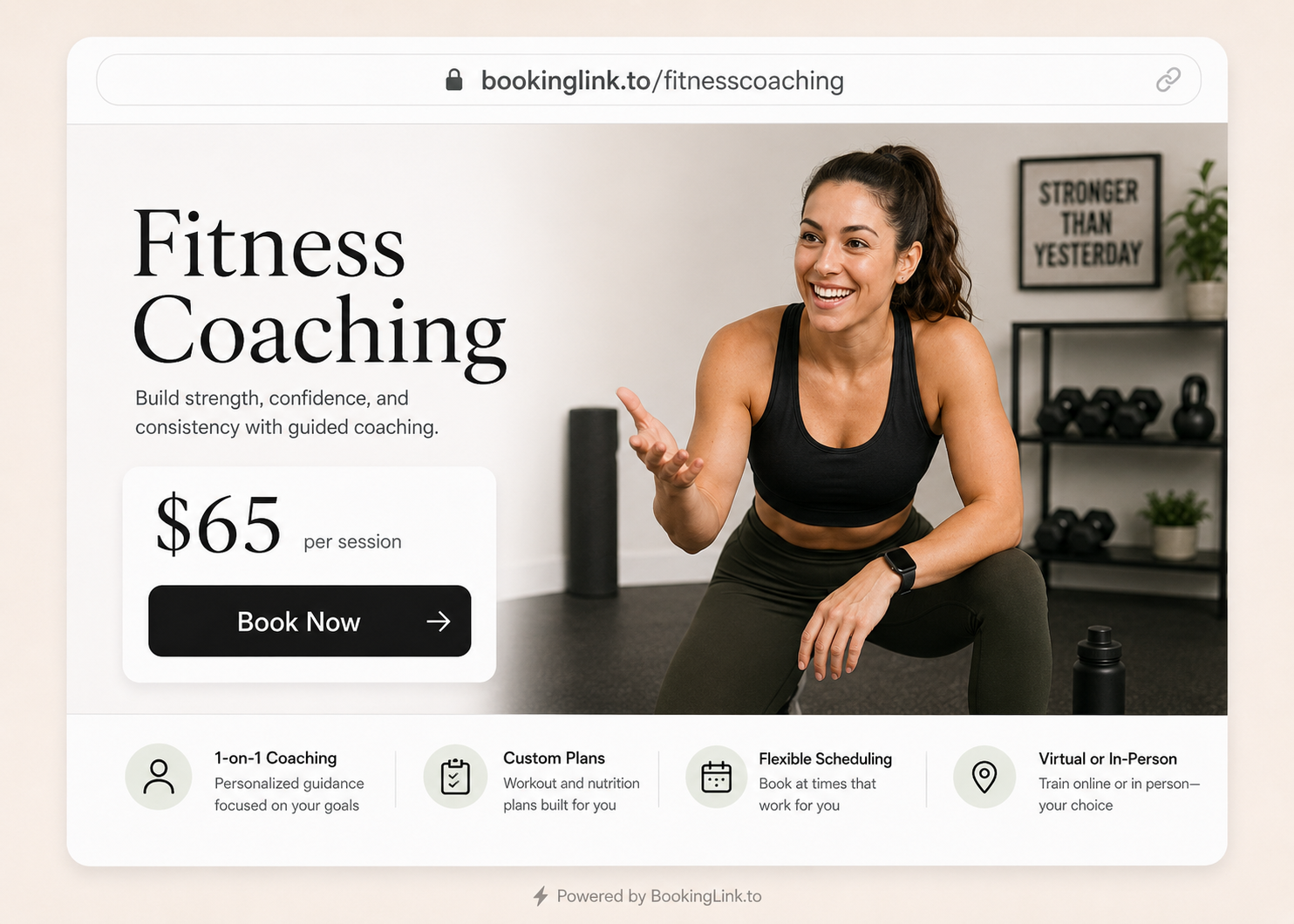 BookingLink fitness coaching page preview with personal training price and book now button