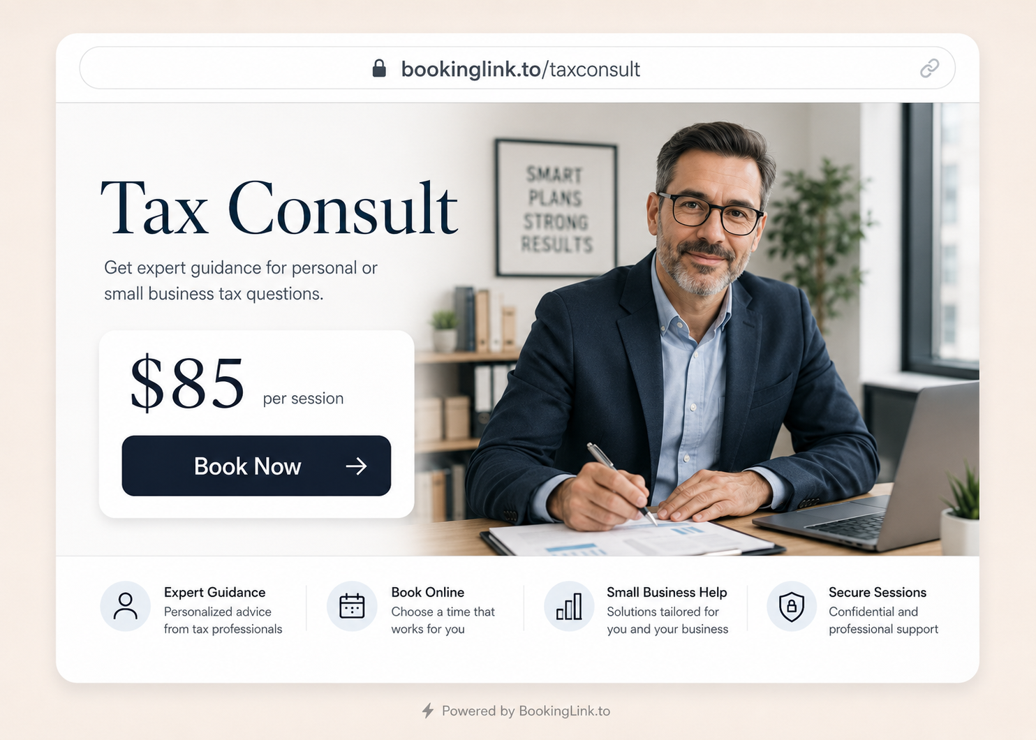 BookingLink tax consult page preview with professional tax guidance price and book now button