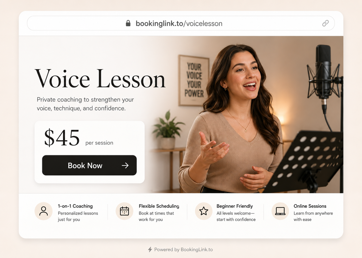 BookingLink voice lesson page preview with private coaching price and book now button